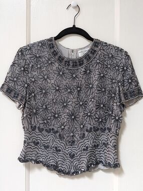 Papell Boutique Beaded Floral Short Sleeve Blouse Elegant